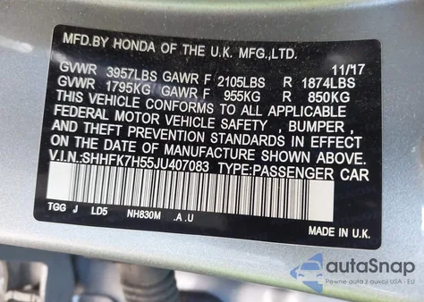 2018 Honda Civic Ex z USA, uszkodzony, nr VIN SHHFK7H55JU407083